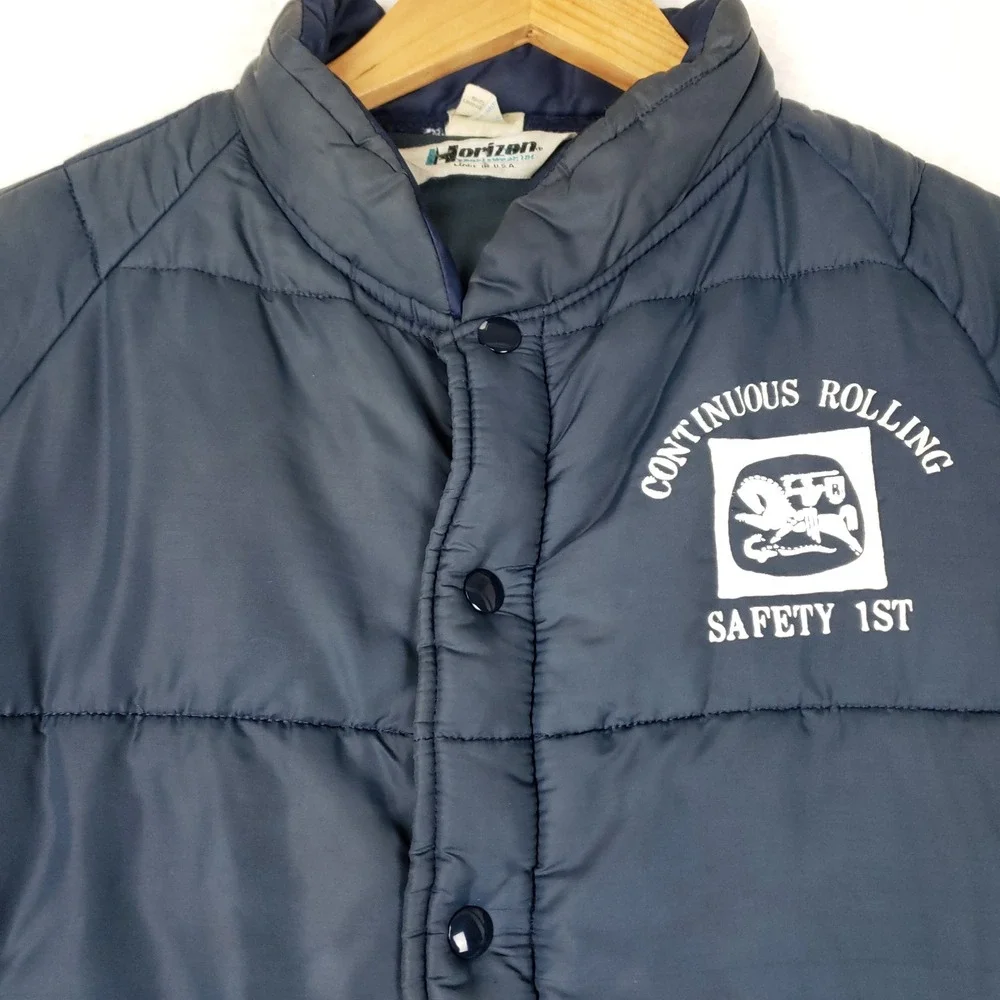 Vintage Horizon Sportswear Navy Puffer Jacket Continuous Rolling Safety 1st L